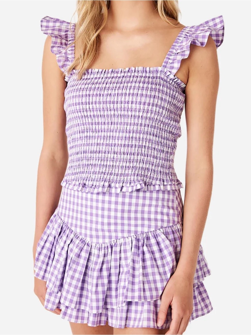 Lavender Gingham Smocked Mini Skirt